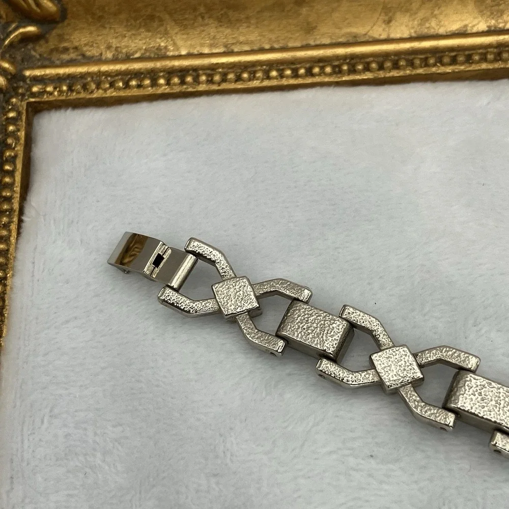 Vtg Silver Tone Art Deco Black Enamel Faux Marcasite Bracelet Great Gatsby Glam